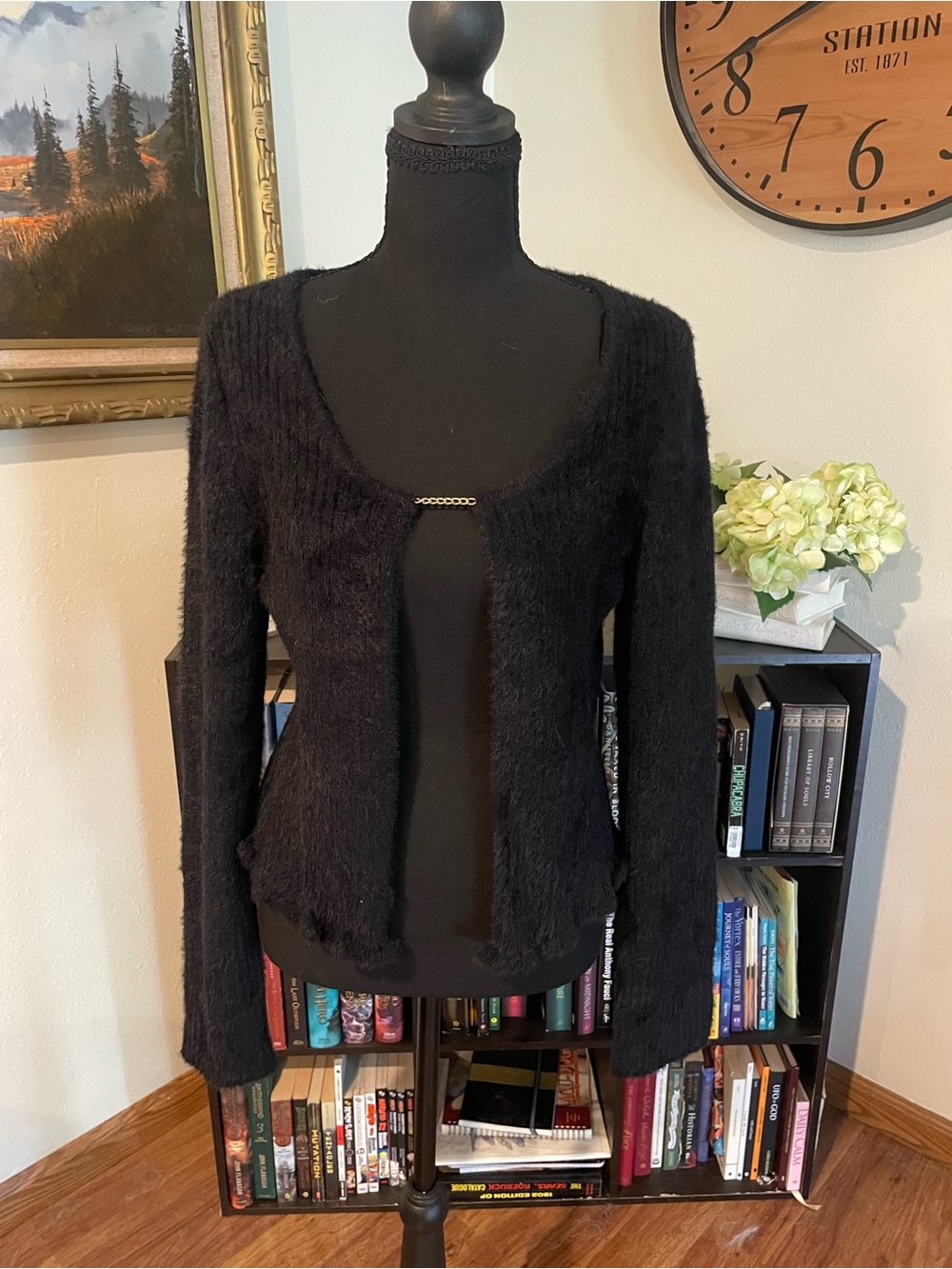 Black Fuzzy Cardigan with Gold Chain